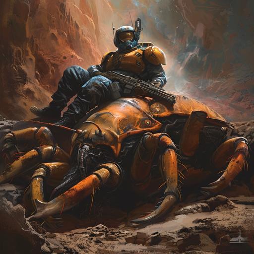a propaganda poster of helldivers 2 video game (similar to starship troopers) with a character sitting on top a dead horrifying massive bug the size of a car (starship troopers like bug dangerous beak bug) after a battle. He comically relaxed while he lays on top of the huge bug staring at the cañería. Poster should have space for text that will be whit. Make it photorealistic, cinematic, dramatic lighting. Movie poster dimensions and feel. Incorporate blue accents so it not too red. Character should look like a beefed up version of Bobba Fett but with a different helmet, more halo style. and a starship trooper style rifle. It must be ULTRA HD photorealistic. --v 6.0
