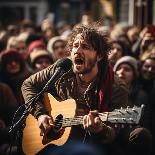 a protest singer in the style of Bob Dillon, playing acoustic guitar to a crowd in the street, placards showing, anarchy signs, moody lighting, sunbeam shining on the singer --s 750