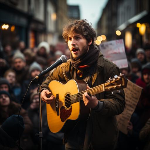 a protest singer in the style of Bob Dillon, playing acoustic guitar to a crowd in the street, placards showing, anarchy signs, moody lighting, sunbeam shining on the singer --s 750