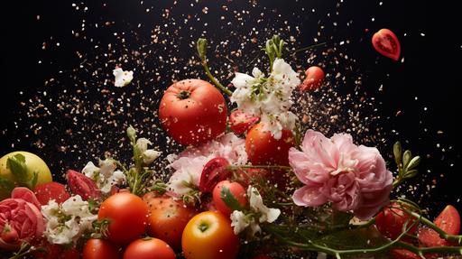 a publicity food photo of tomatoes, peas, white flowers and rose petals, flying around, like an explosion. The background is a constellation, like a universe --ar 16:9