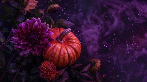 a publicity photo of a pumpkin, dark dahlia flowers, in a purple stary night background --ar 16:9