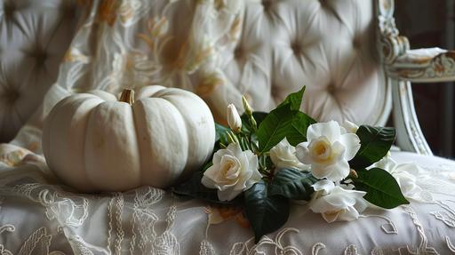 a publicity photo of a white pumpkin and gardenia flowers in a winter comfy boule couch --ar 16:9