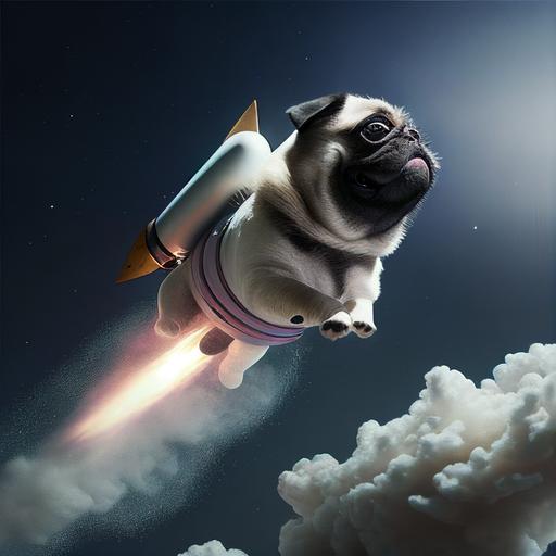 a pug aon rocket flying to the moon