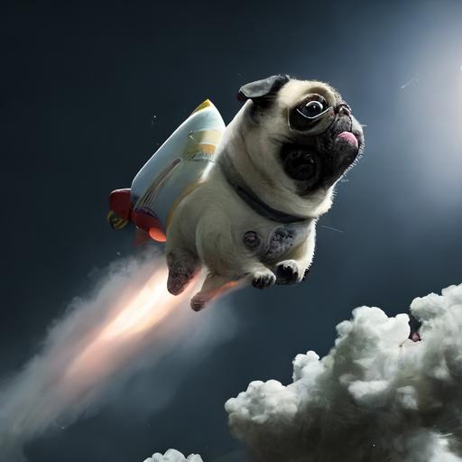 a pug aon rocket flying to the moon