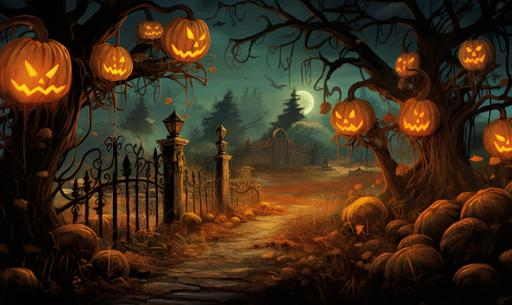 a pumpkin patch full of carved jack o lanterns, wrought iron fences covered in curling green vines, late night, floating yellow orbs of light, backlit by a full moon, Halloween environment, vintage postcard aesthetic, muted tones, --ar 10:6