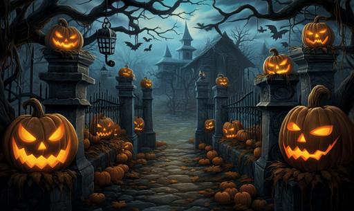 a pumpkin patch full of carved jack o lanterns, wrought iron fences covered in curling green vines, late night, floating yellow orbs of light, backlit by a full moon, Halloween environment, muted tones, block print, --ar 10:6