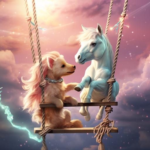 a puppy angel and a unicorn swinging on a swingset