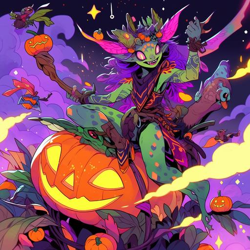 a purple & orange character is holding pumpkins, in the style of dc comics, green, grotesque imagery, harsh flash, calculated, pink & green, dracopunk, --niji 5