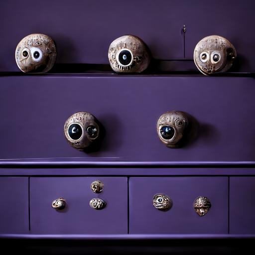 a purple dresser with eyeballs as knobs