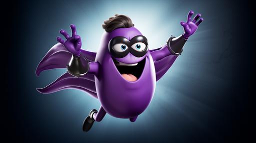 a purple eggplant cartoon charactar flies through the air like a super hero --ar 16:9 --v 5.2