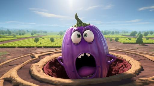 a purple eggplant cartoon charactar stares down at a giant hole in the ground, from the direction of the hole, up at the face of the eggplant --ar 16:9