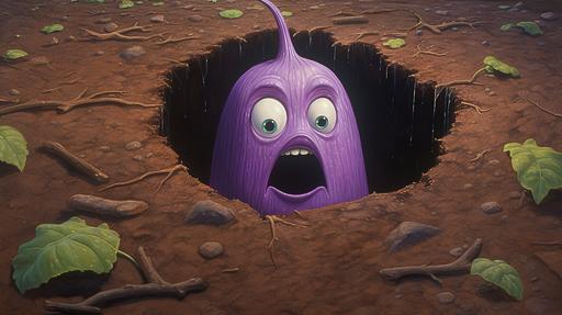 a purple eggplant cartoon charactar stares down at a giant hole in the ground, from the direction of the hole, up at the face of the eggplant --ar 16:9