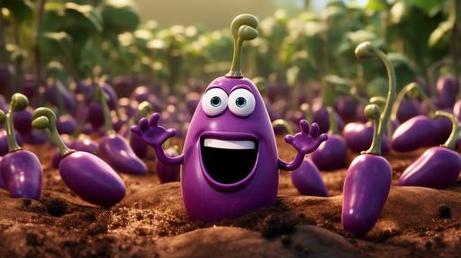 a purple eggplant cartoon charactarpoints at a bunch of holes in the ground --ar 16:9 --v 5.2