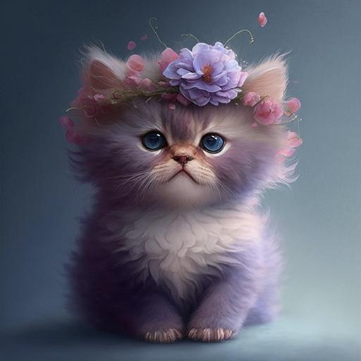 a purple kitten with cotton candy fur and a flower crown