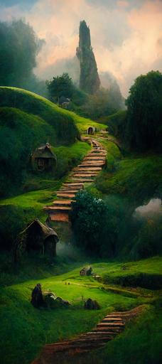 a quaint hobbit village with rolling green hill landscape, root stairway, serene overcast evening skies, cinematic --style Albert Bierstadt, Ivan Aivazovsky, Marc Simonetti --ar 9:21  --uplight