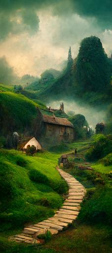 a quaint hobbit village with rolling green hill landscape, root stairway, serene overcast evening skies, cinematic --style Albert Bierstadt, Ivan Aivazovsky, Marc Simonetti --ar 9:21  --uplight