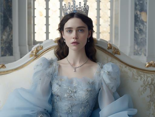 a queen, sitting on a white marble throne, in a white and light blue accented room, looks like Millie Brady, light blue medieval dress, silver crown with blue jewels --ar 4:3