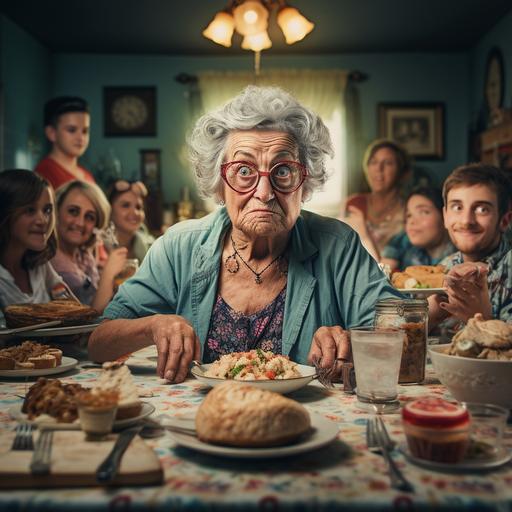 a quirky funny old grandma sitting at a big family dinner, cinematic style