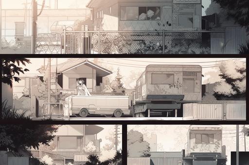 a quite suburban neighbourhood with an ice cream truck and a killer clown, Manga page, Manga panels, Multi-panel comic, Screentone texture, Halftone texture, Anime line art, Light novel style --ar 3:2 --q 2 --niji 5 --v 5