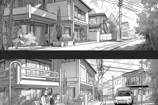 a quite suburban neighbourhood with an ice cream truck and a killer clown, Manga page, Manga panels, Multi-panel comic, Screentone texture, Halftone texture, Anime line art, Light novel style --ar 3:2 --q 2 --niji 5 --v 5