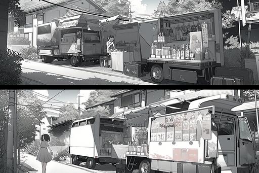 a quite suburban neighbourhood with an ice cream truck and a killer clown, Manga page, Manga panels, Multi-panel comic, Screentone texture, Halftone texture, Anime line art, Light novel style --ar 3:2 --q 2 --niji 5 --v 5