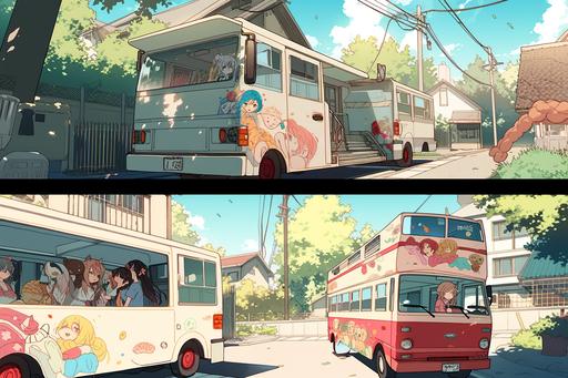 a quite suburban neighbourhood with an ice cream truck and a killer clown, Manga page, Manga panels, Multi-panel comic, Screentone texture, Halftone texture, Anime line art, Light novel style --ar 3:2 --q 2 --niji 5 --v 5