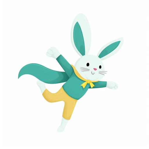 a rabit super hero by Agathe Sorlet , with blue, yellow, and mint green theme, white background , flying position --v 5.0