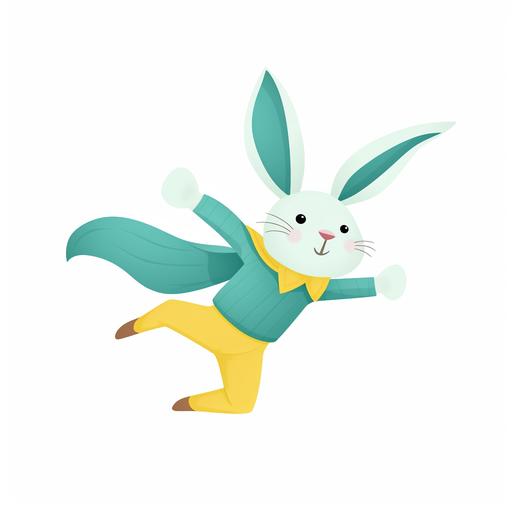 a rabit super hero by Agathe Sorlet , with blue, yellow, and mint green theme, white background , flying position --v 5.0