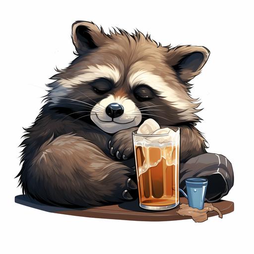 a racoon falls asleep while drinking a beer, cartoon style, sticker logo --s 250