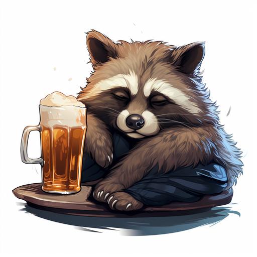 a racoon falls asleep while drinking a beer, cartoon style, sticker logo --s 250