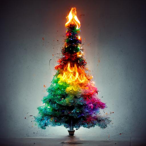 a rainbow Christmas tree set on fire