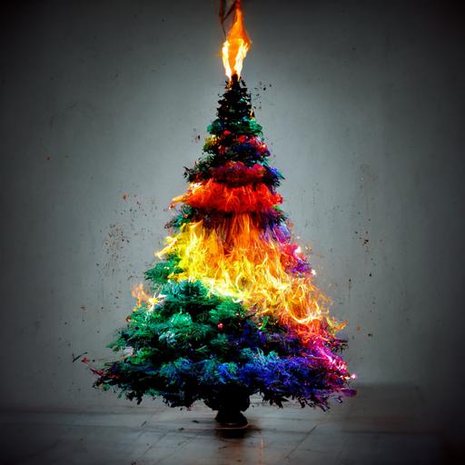 a rainbow Christmas tree set on fire