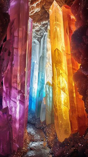 a rainbow colored giant crystal cave, with a people hugging the top of the crystals, --style raw --ar 9:16 --s 120 --v 6.0