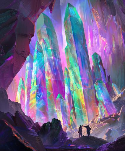 a rainbow colored giant crystal cave, with a people hugging the top of the crystals, --ar 5:6 --v 6.0