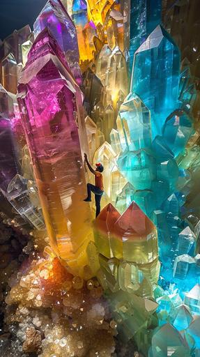 a rainbow colored giant crystal cave, with a people hugging the top of the crystals, --style raw --ar 9:16 --s 120 --v 6.0