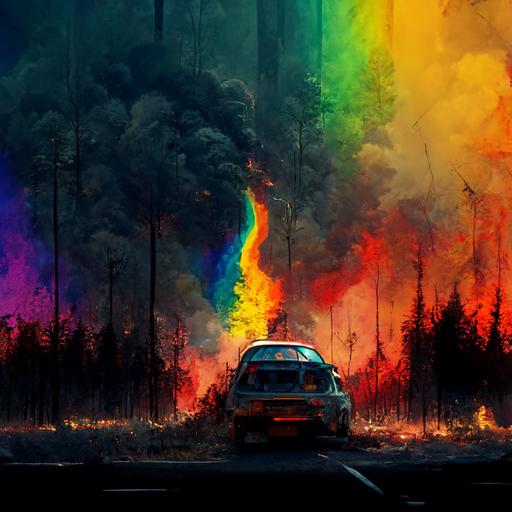 a rainbow emitting car is floating through a burning forest. In the distance the apocoplypse is starting. Ultra realistic, depressing wallpaper