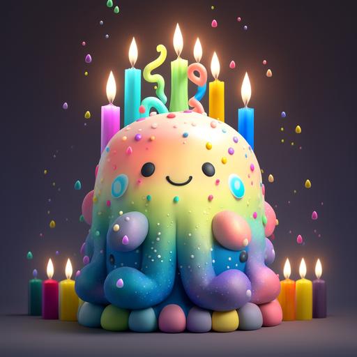 a rainbow octopus squishmallow birthday cake with birthday candles. Photo realistic high quality with immense detail in 4k detail.