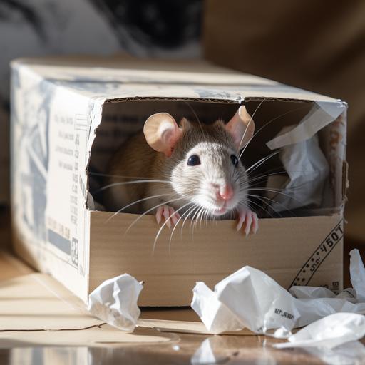 a rat caught in a paper box sticky glue trap. the trap having a chasing cat design