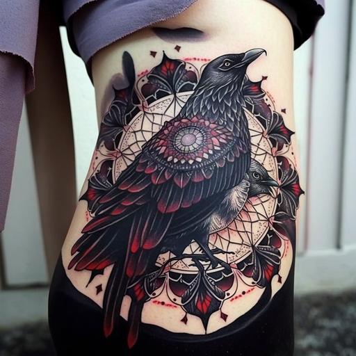 a raven tattoo that is sad and powerful, emotional, meaning, mandala, epic, red accent