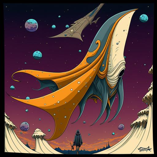 a ray manta sharing a very long scarf with Jupiter cartoon style