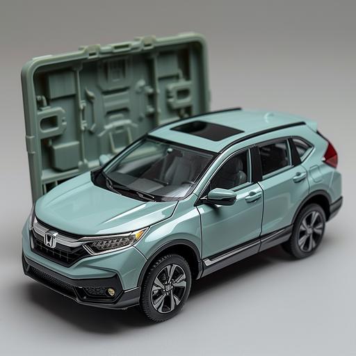 a real honda CRV Gen 5 size grey car inside a plastic toy box, lateral view, white background,--ar 16:9 --v 6.0 --s 750