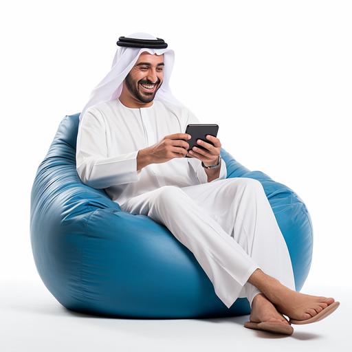 a real photo of a kuwaiti man sitting on a blue bean bag texting and smiling, very realistic, white background, full body image