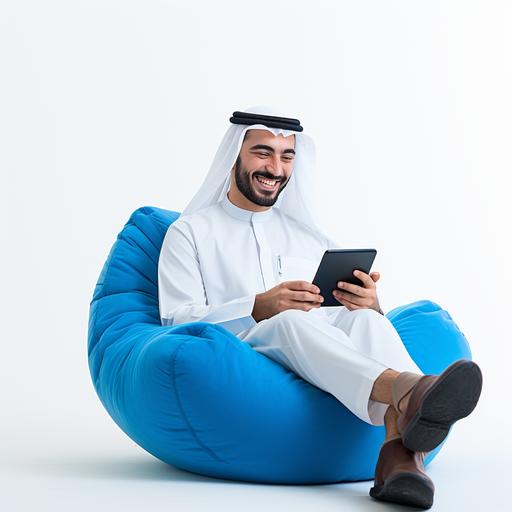 a real photo of a kuwaiti man smiling and texting on his phone and sitting on a blue bright bean bag. very realistic, white background- zoom out, full body shown