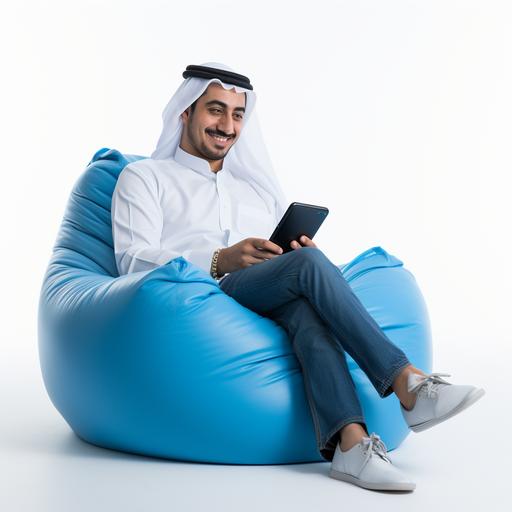 a real photo of a kuwaiti person texting on his phone and sitting on a blue bright bean bag. very realistic, white background- zoom out, full body shown