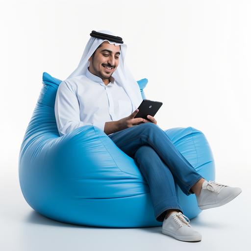 a real photo of a kuwaiti person texting on his phone and sitting on a blue bright bean bag. very realistic, white background- zoom out, full body shown