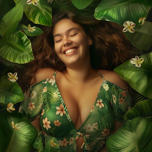 a real picture of a big smiling beautiful lady within a green environment