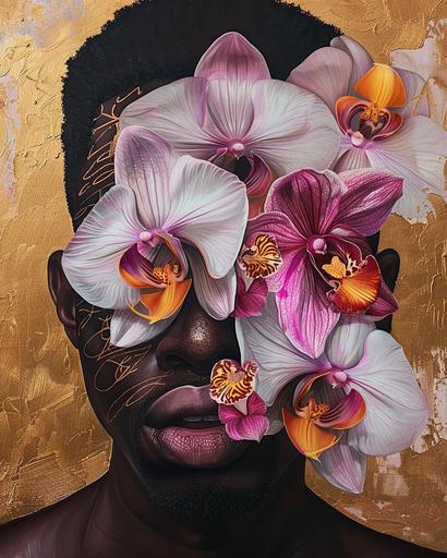 a realist painting is a figurative painting; in which flowers are placed within a black man’s face to create a faceless portrait, gold doodle overlay, in lotus dendrobium orchid petals with facial features, life-like botanical human illustration, gold leaf, carnivalesque, naturecore --ar 4:5 --v 6.0