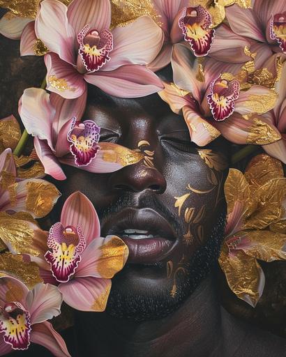 a realist painting is a figurative painting; in which flowers are placed within a black man’s face to create a faceless portrait, gold doodle overlay, in lotus dendrobium orchid petals with facial features, life-like botanical human illustration, gold leaf, carnivalesque, naturecore --ar 4:5 --v 6.0