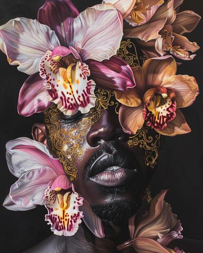 a realist painting is a figurative painting; in which flowers are placed within a black man’s face to create a faceless portrait, gold doodle overlay, in lotus dendrobium orchid petals with facial features, life-like botanical human illustration, gold leaf, carnivalesque, naturecore --ar 4:5 --v 6.0