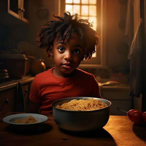 a realistic 4k photo of a black child with a bowl of spaghetti in the middle of the kitchen